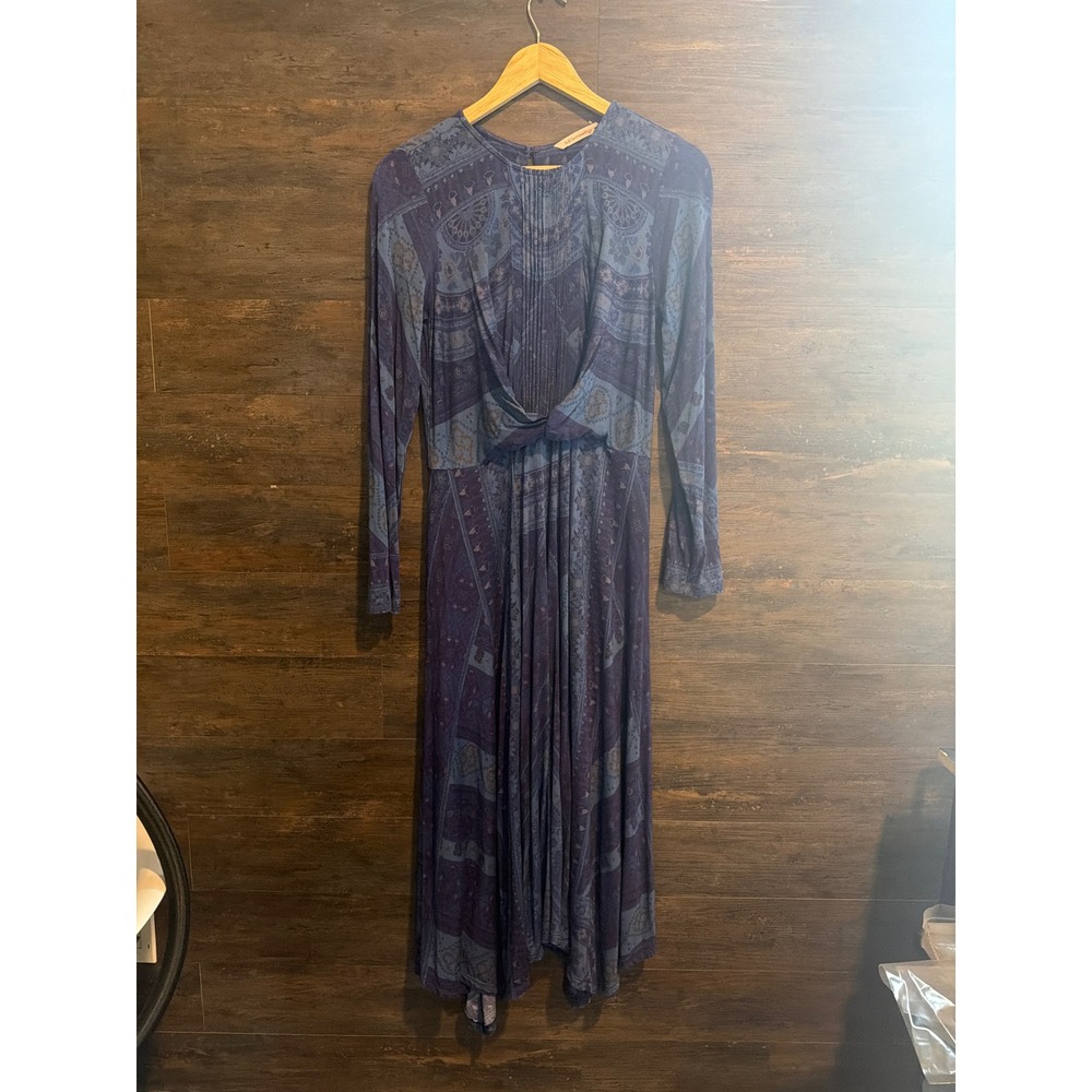 Soft Surroundings Blue Paisley Twist Front Midi Dress Long Sleeve XS Boho Indigo